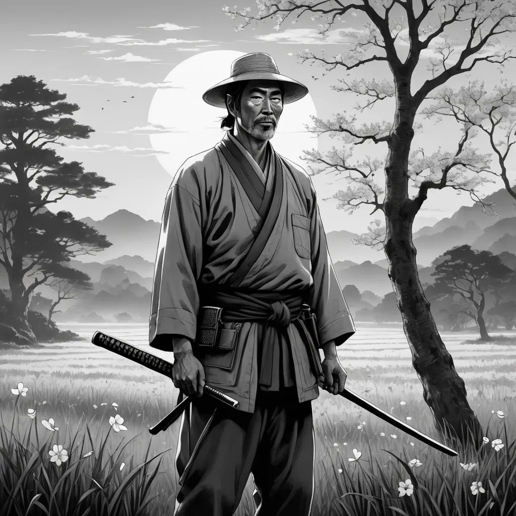 a man in a kimono holding two swords in a field of flowers and trees with a full moon in the background, digital art, a character portrait, Baiōken Eishun, game art