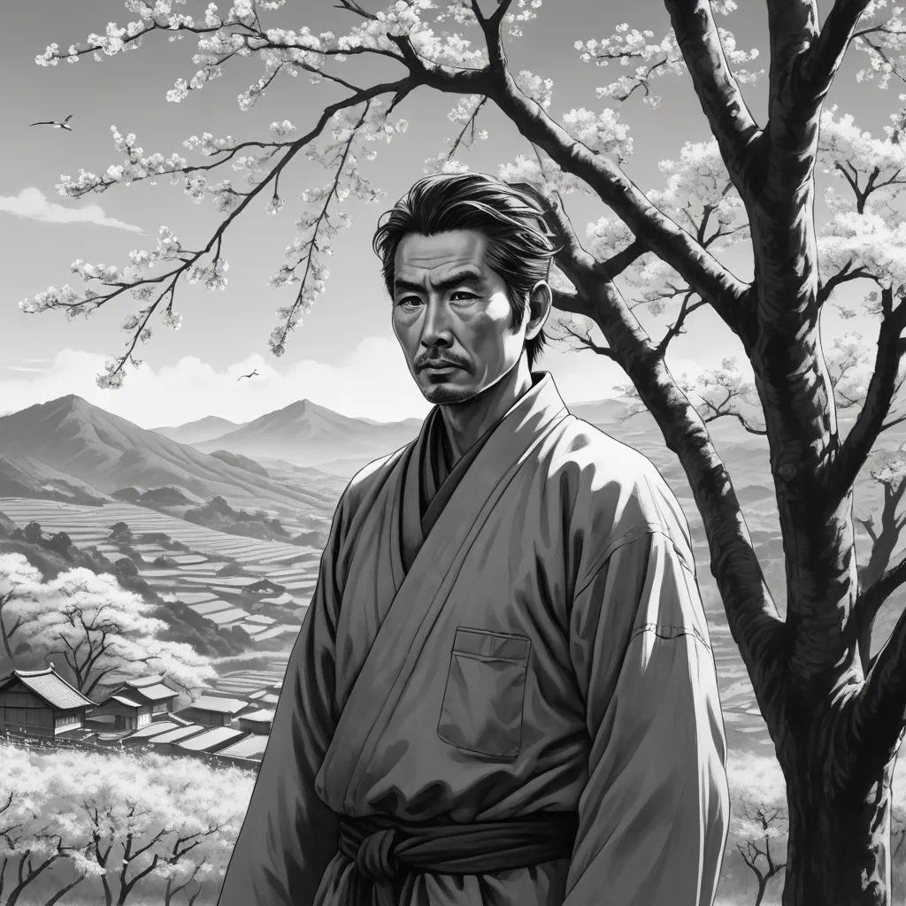 a man standing next to a tree in front of a mountain range with a blossoming tree in the foreground, sōsaku hanga, an ultrafine detailed painting, Eizan Kikukawa, yusuke murata