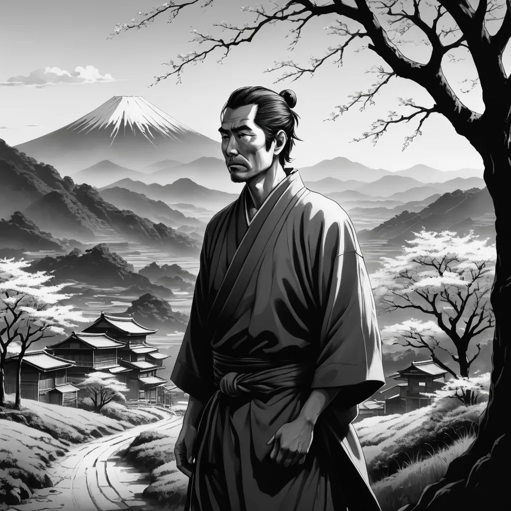 a man in a kimono standing in front of a mountain landscape with a tree and a road leading to him, sōsaku hanga, a manga drawing, Baiōken Eishun, official art