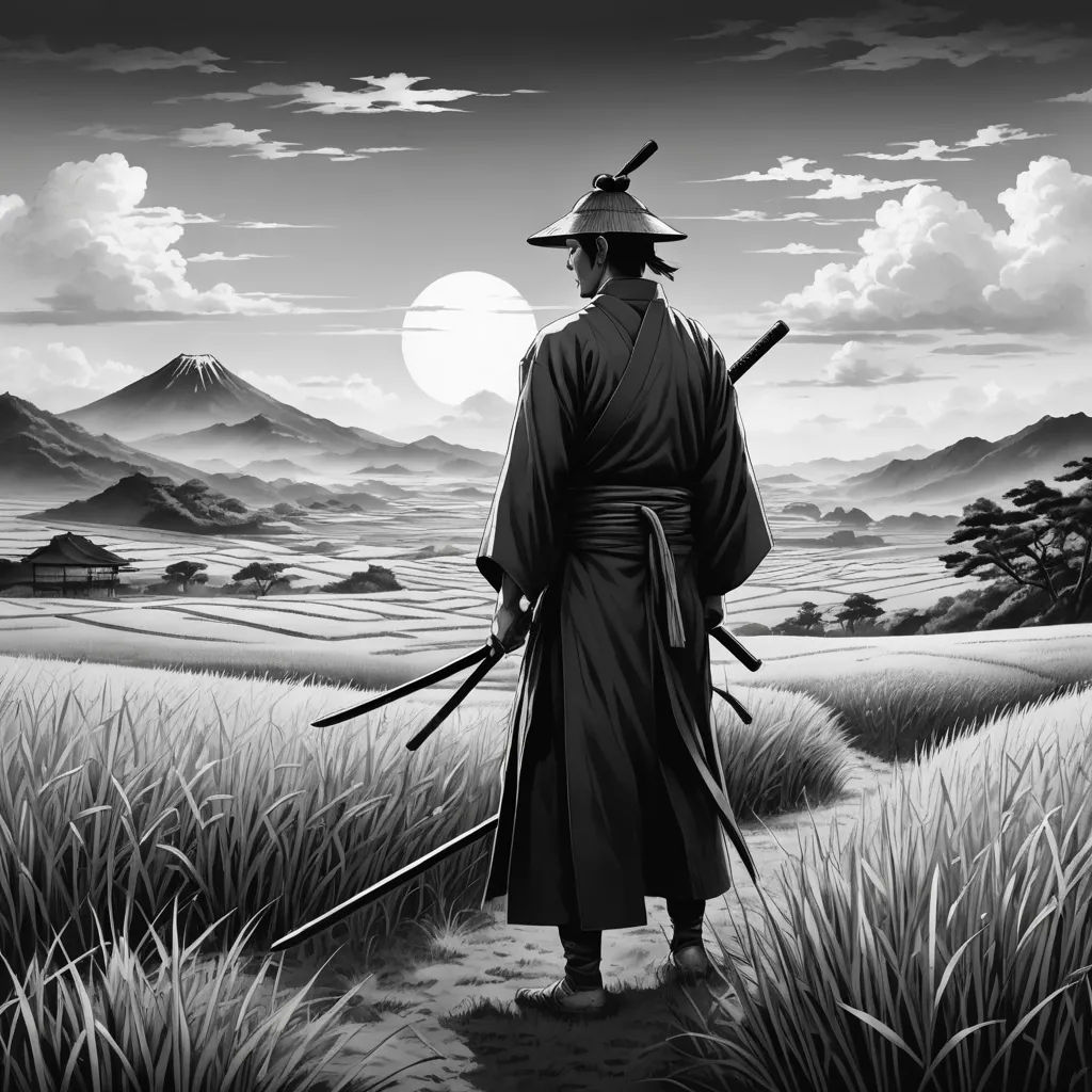 a man in a kimono standing in a field with two swords in his hand and a full moon in the background, analytical art, a detailed matte painting, Dan Mumford, 2 d game art