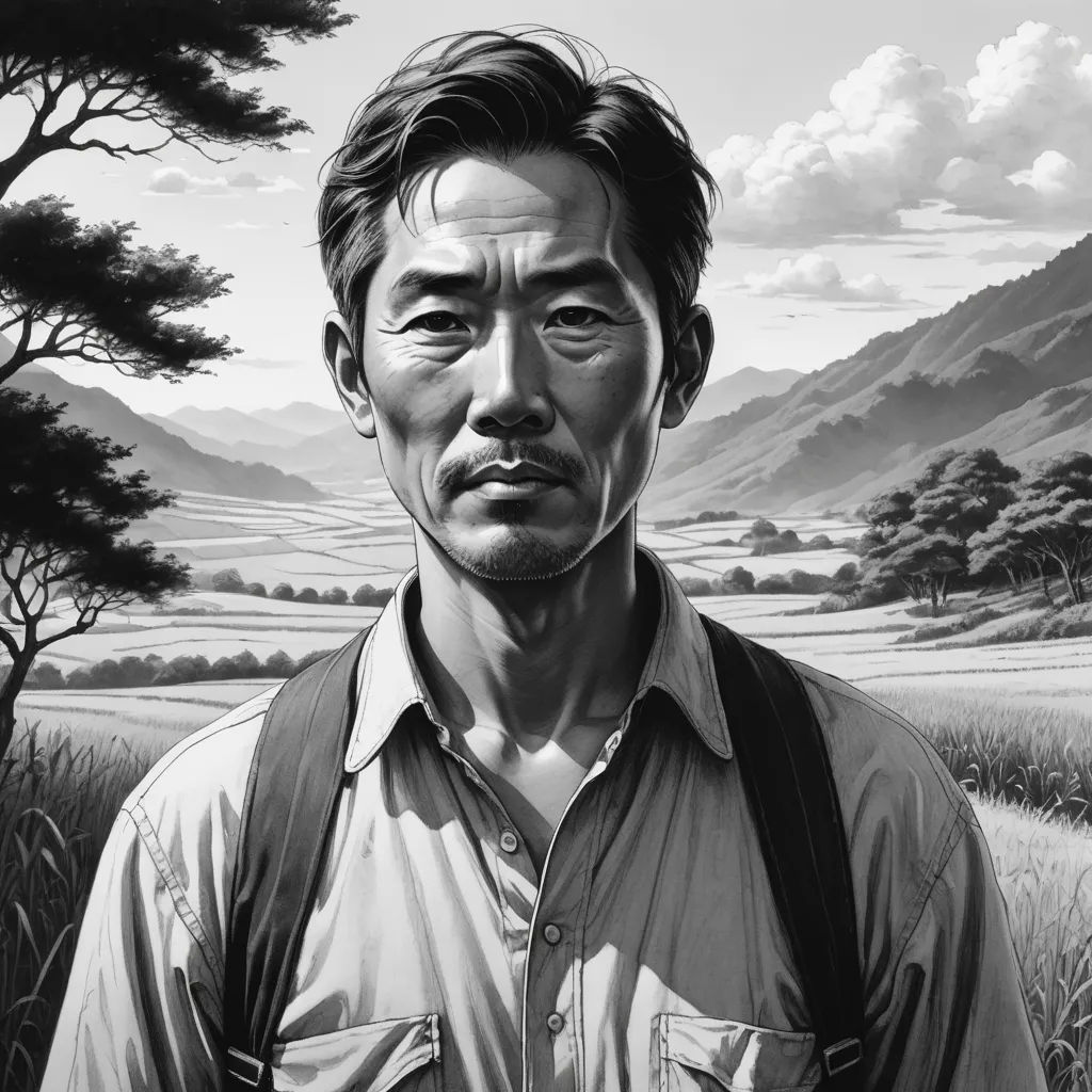 a man with a backpack standing in front of a painting of a mountain range and a valley with trees, fantastic realism, a character portrait, Choi Buk, kim jung gi