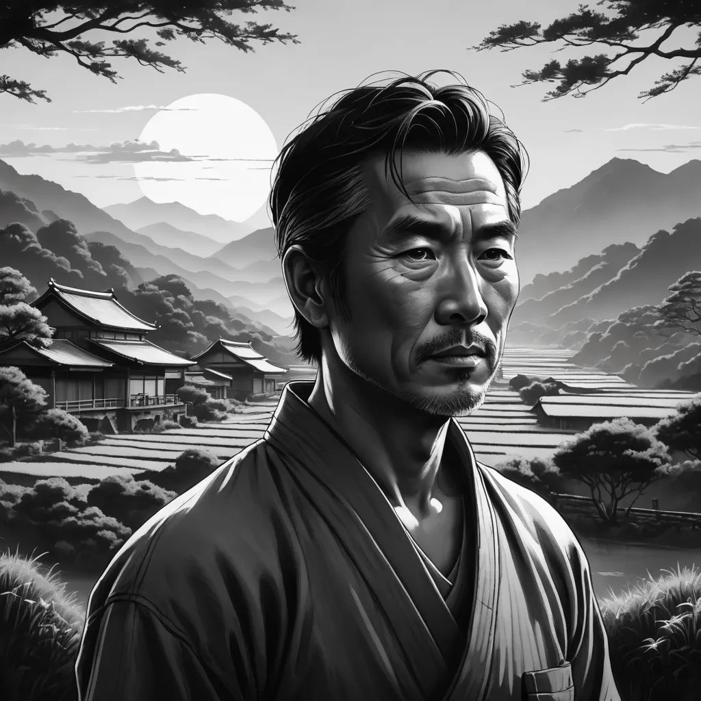 a man in a kimono standing in front of a mountain landscape with a full moon in the background, digital art, an ultrafine detailed painting, Eizan Kikukawa, highly detailed digital painting
