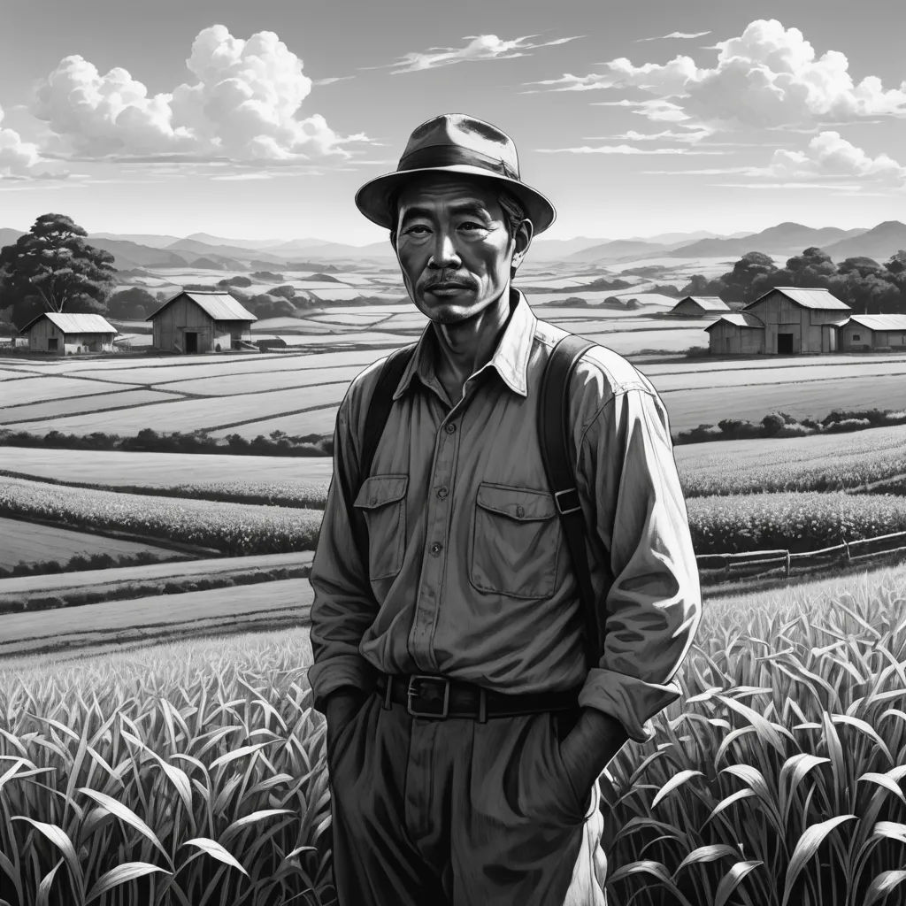 a man standing in a field of crops in front of a black and white picture of a farm with a farm house, socialist realism, an ultrafine detailed painting, Choi Buk, kim jung gi