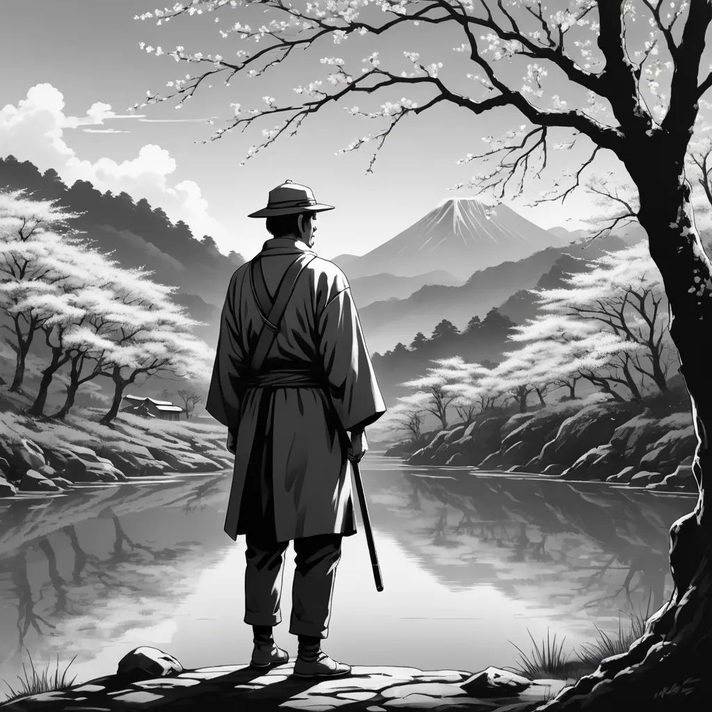 a man standing on a hill overlooking a lake with a tree in the foreground and a mountain in the background, purism, a detailed matte painting, Dan Mumford, cinematic matte painting