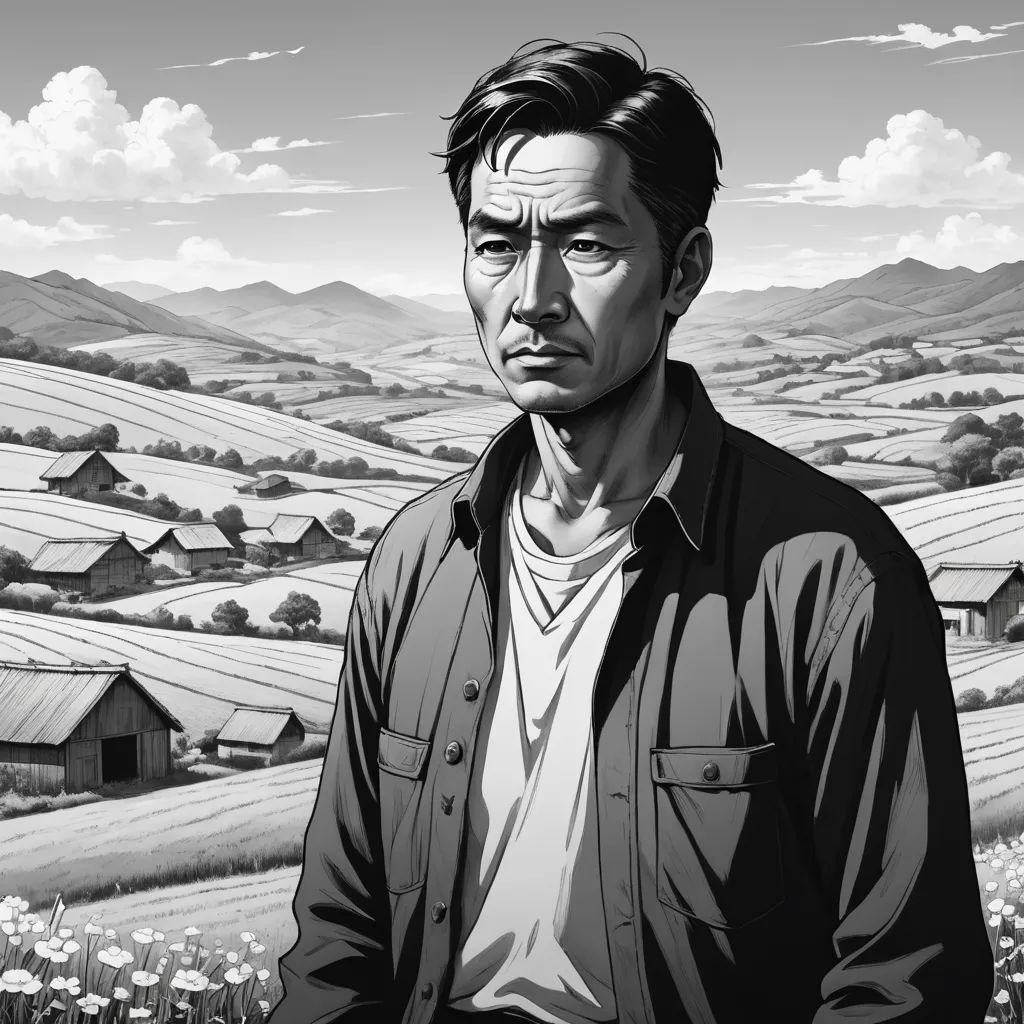 a man standing in front of a field of flowers with a sky background and clouds in the background, with a black and white drawing of a man in the foreground, serial art, a character portrait, Eizan Kikukawa, kim jung gi