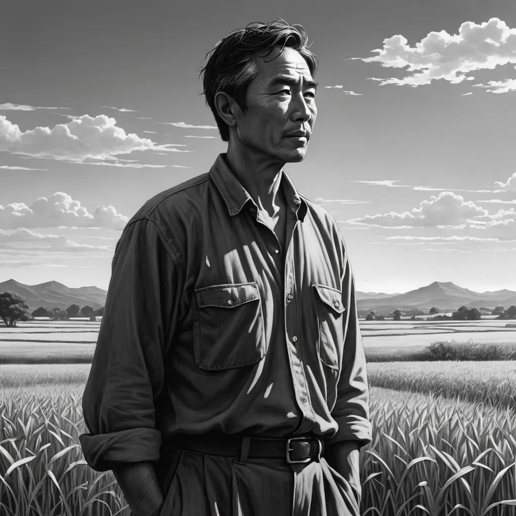 a man standing in a field of grass with a sky background and clouds in the background, with a black and white photo of him, photorealism, an ultrafine detailed painting, Choi Buk, kim jung gi