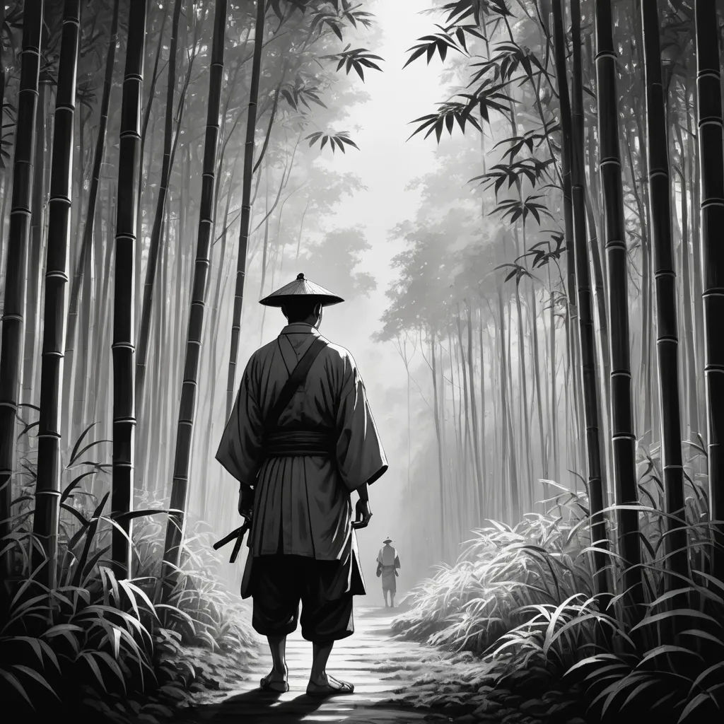 a man in a hat and robe walking through a bamboo forest with a person in the distance in the distance, shin hanga, a black and white photo, Dan Mumford, cinematic concept art