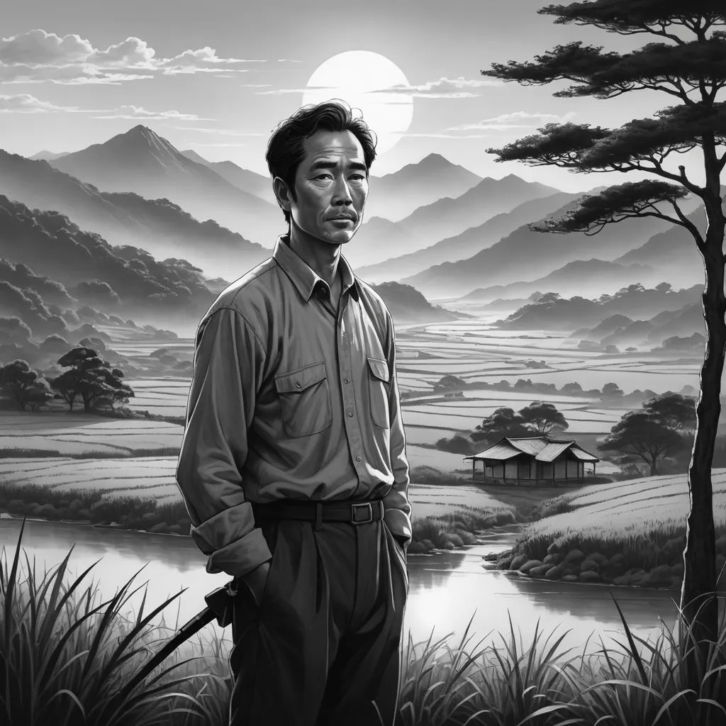 a man standing in front of a painting of a landscape with mountains and a river in the background with a full moon, classical realism, a character portrait, Choi Buk, kim jung gi