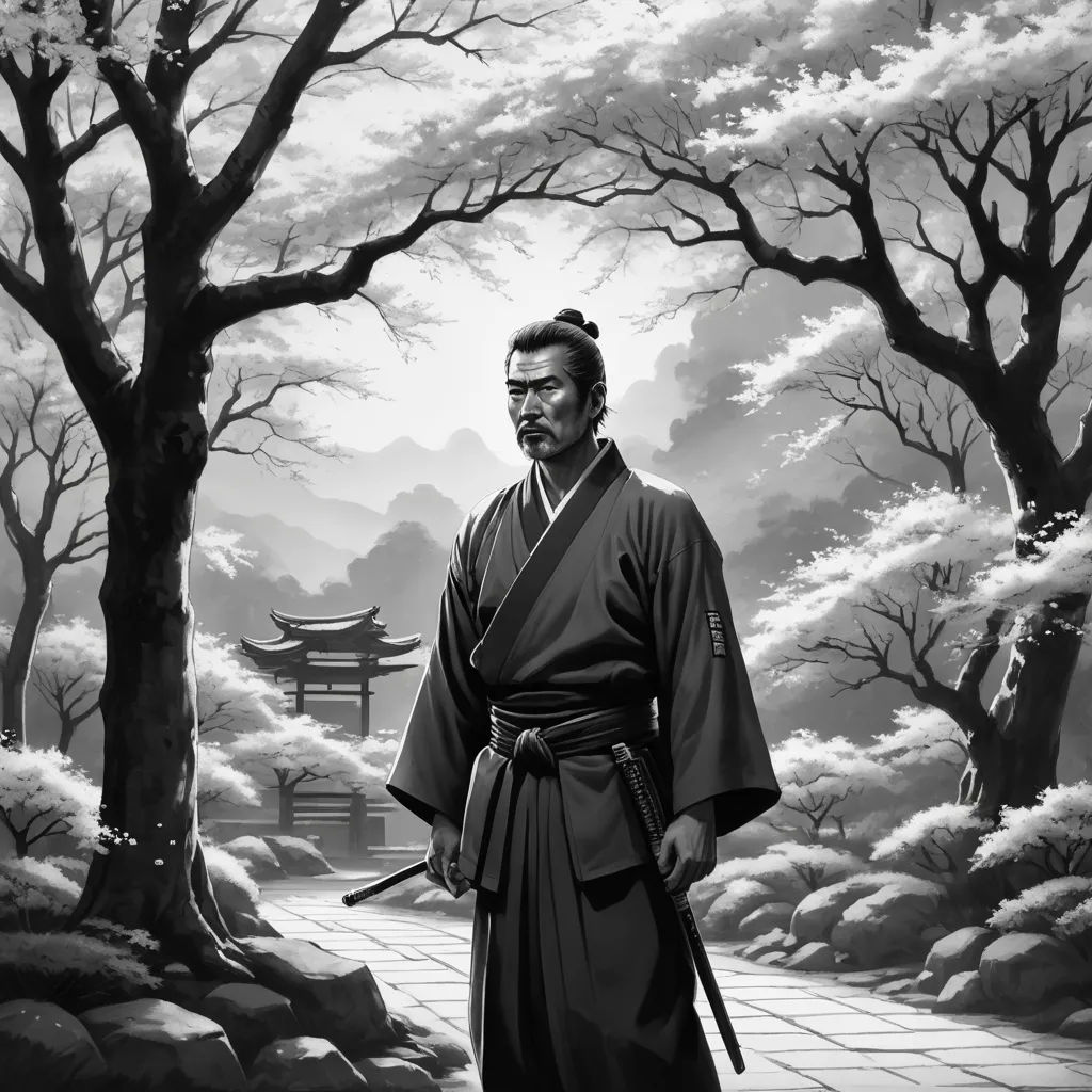 a man in a kimono standing in front of a forest with a pagoda in the background and a pagoda in the foreground, shin hanga, an ultrafine detailed painting, Baiōken Eishun, game art