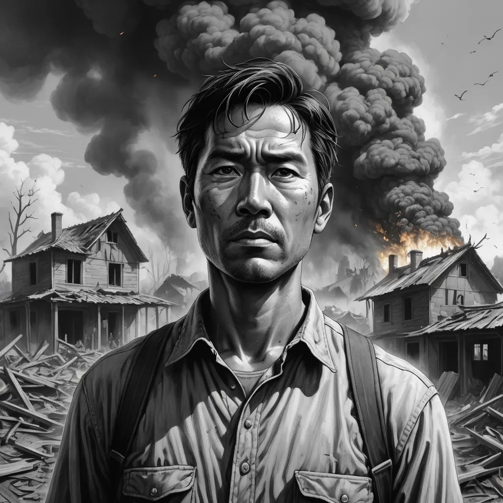 a man standing in front of a large plume of smoke and buildings in the background, with a black and white photo of a man in the foreground, serial art, a character portrait, David Palumbo, character portrait