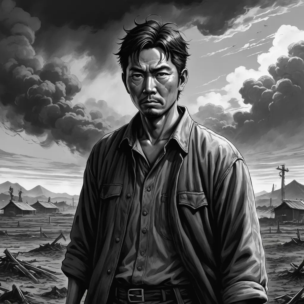 a man standing in front of a painting of a town and a sky with clouds in the background and a man with a gun in his hand, serial art, a character portrait, Cao Zhibai, kim jung gi