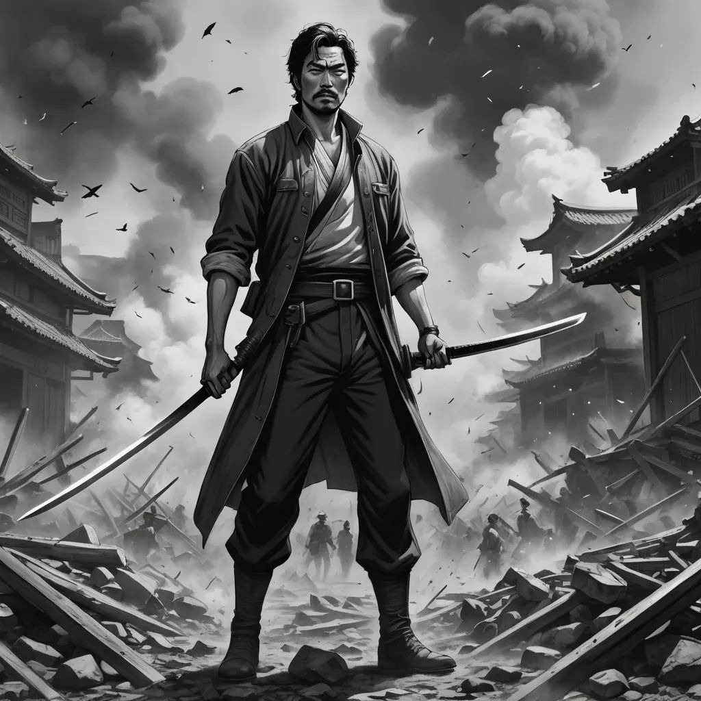 a man holding two swords in front of a city with buildings and birds flying around him, in a black and white photo, fantasy art, concept art, Chris Rallis, art greg rutkowski