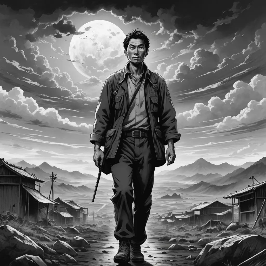 a man walking down a road with a gun in his hand and a full moon in the background with clouds, digital art, poster art, Dan Mumford, comic cover art