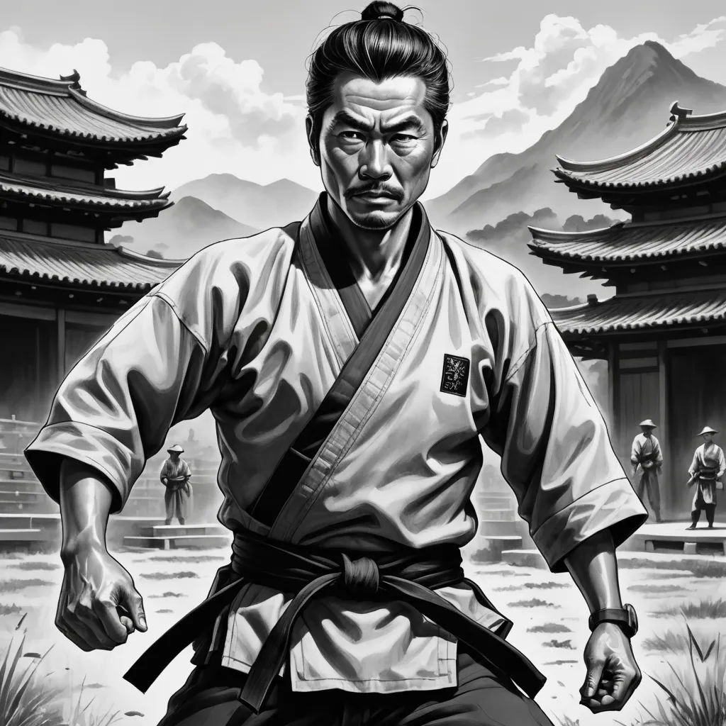 a man in a kimono standing in front of a building with a mountain in the background and a sky with clouds, photorealism, a character portrait, Dai Jin, game art