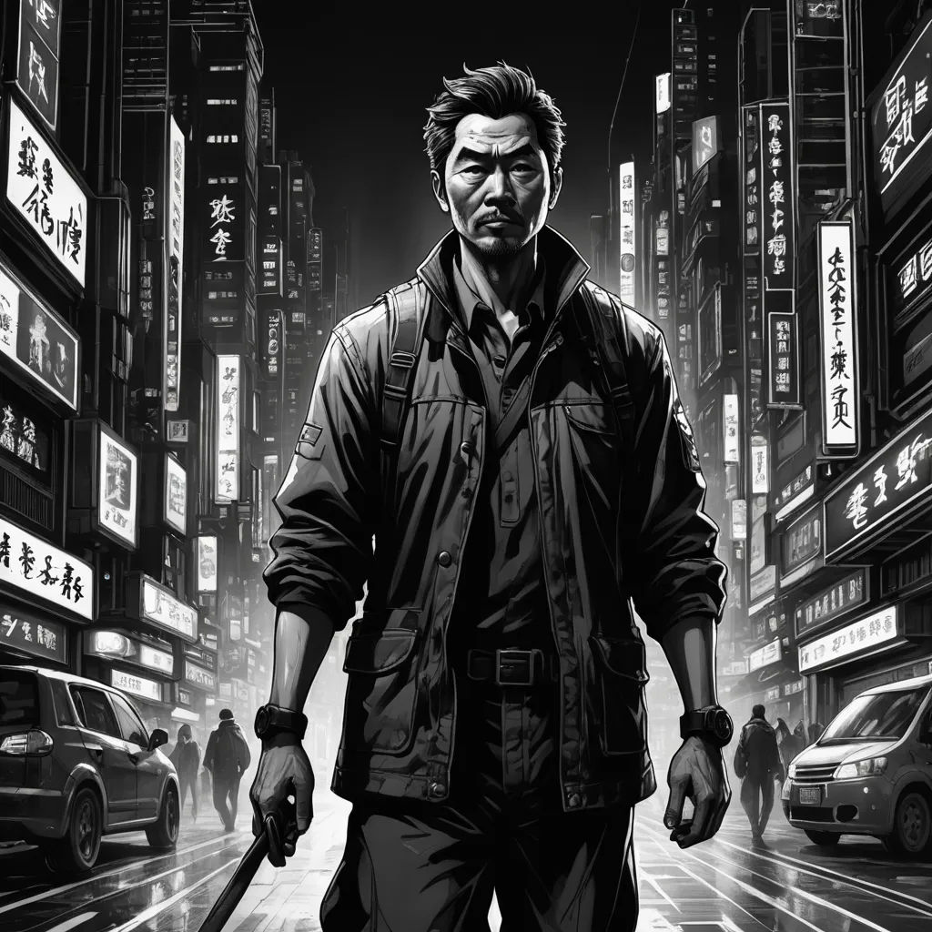 a man walking down a street in a city at night with a gun in his hand and a car in the background, serial art, cyberpunk art, David Park, 2 d game art