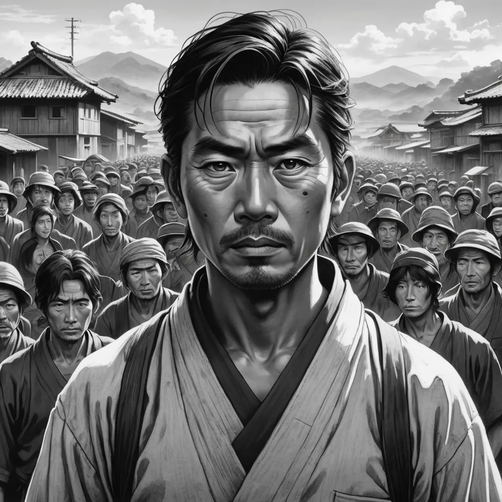 a man in a kimono standing in front of a crowd of people with a building in the background, fantastic realism, poster art, Eizan Kikukawa, kim jung gi