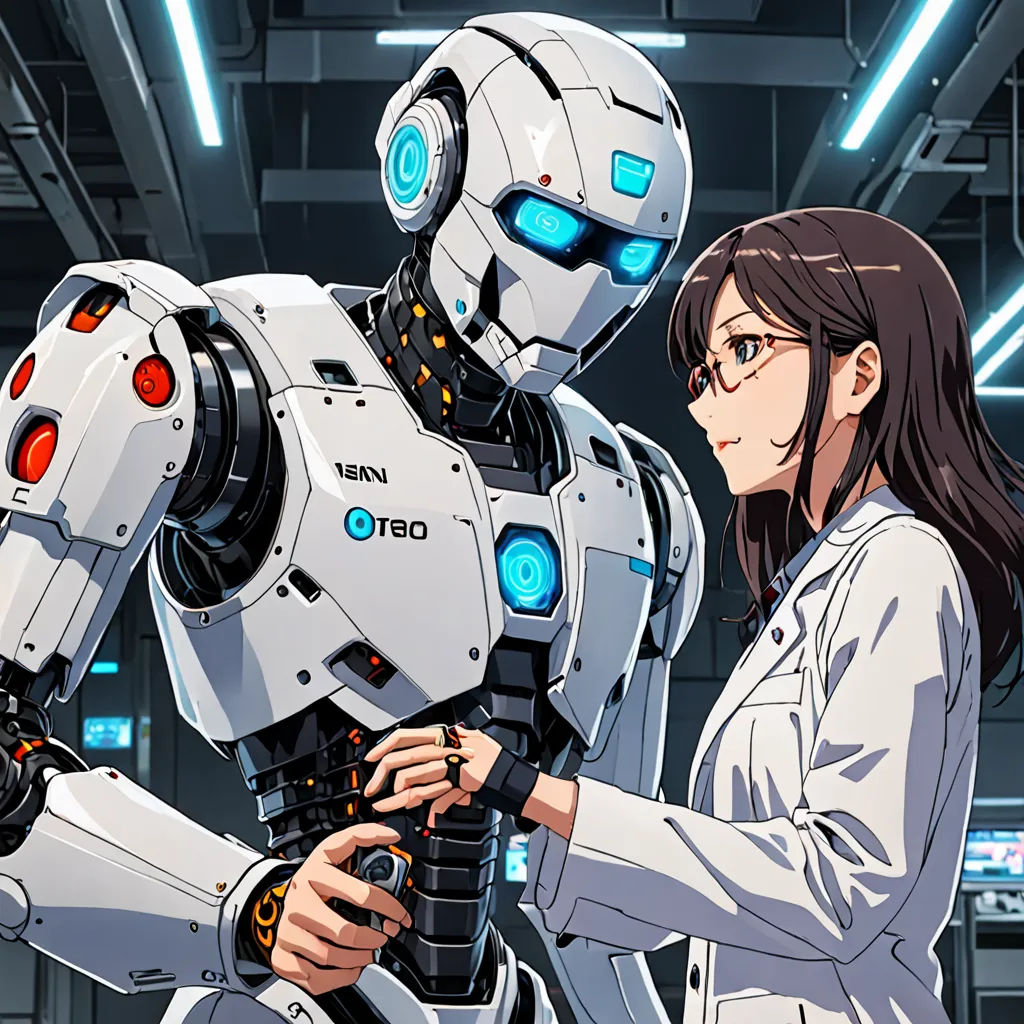 a woman in a lab coat standing next to a robot in a warehouse with lights on and a robot behind her, cyberpunk art, official art, rayonism, Ai-Mitsu