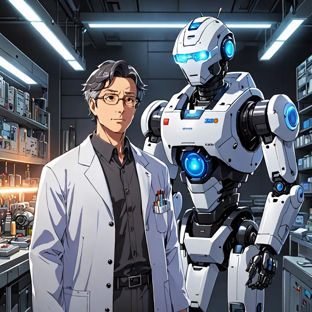 a man standing next to a robot in a lab with a lot of equipment on the shelves behind him, a character portrait, official art, rayonism, Ai-Mitsu