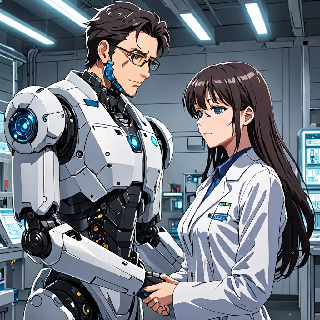 a man and a woman in a lab with a robot in the background and a woman in a white lab coat, cyberpunk art, official art, rayonism, Ai-Mitsu