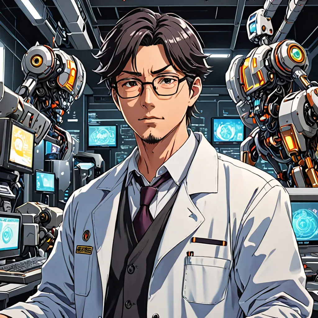 a man in a lab coat standing in front of a bunch of robots in a room with many monitors, a character portrait, yukito kishiro, rayonism, Eizan Kikukawa