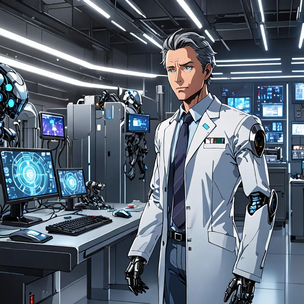 a man in a suit and tie standing in front of a computer screen and a monitor with a robot on it, a character portrait, official art, rayonism, Edmond Xavier Kapp