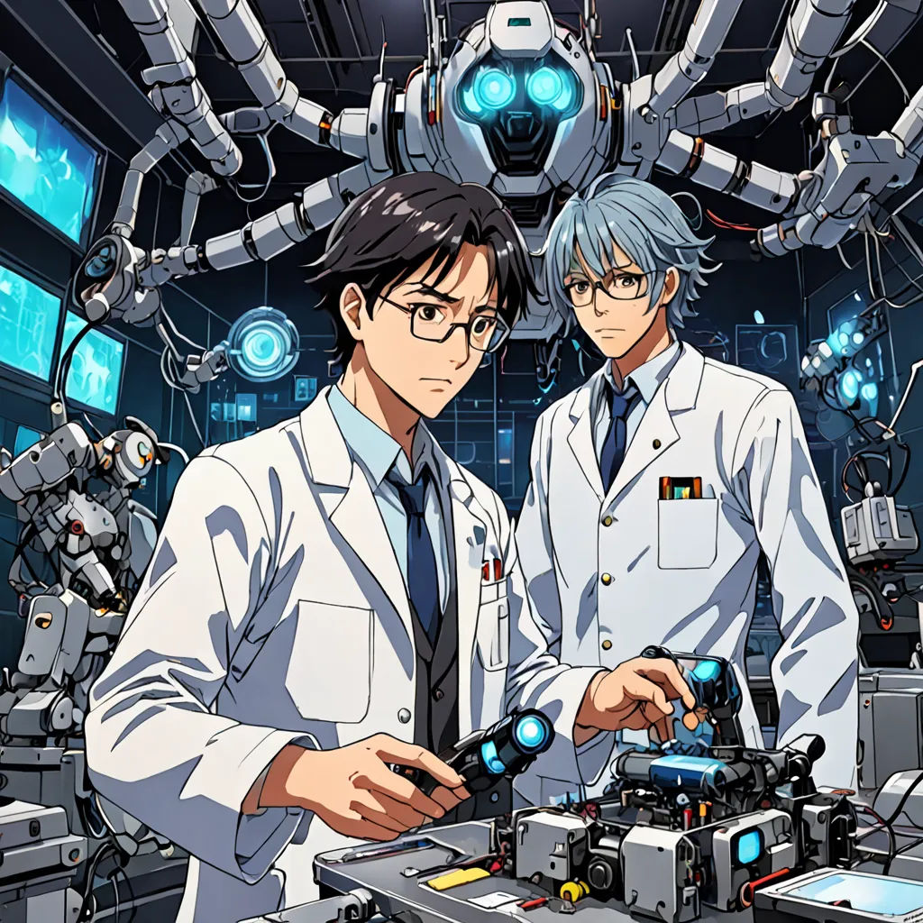 two men in lab coats standing in front of a machine with robotic arms on it and a robot behind them, an album cover, official art, rayonism, Ai-Mitsu