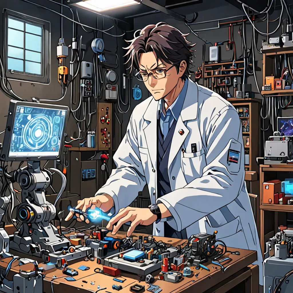 a man in a lab coat working on a machine in a room with many electronics and equipment on the walls, computer graphics, official art, rayonism, Aguri Uchida