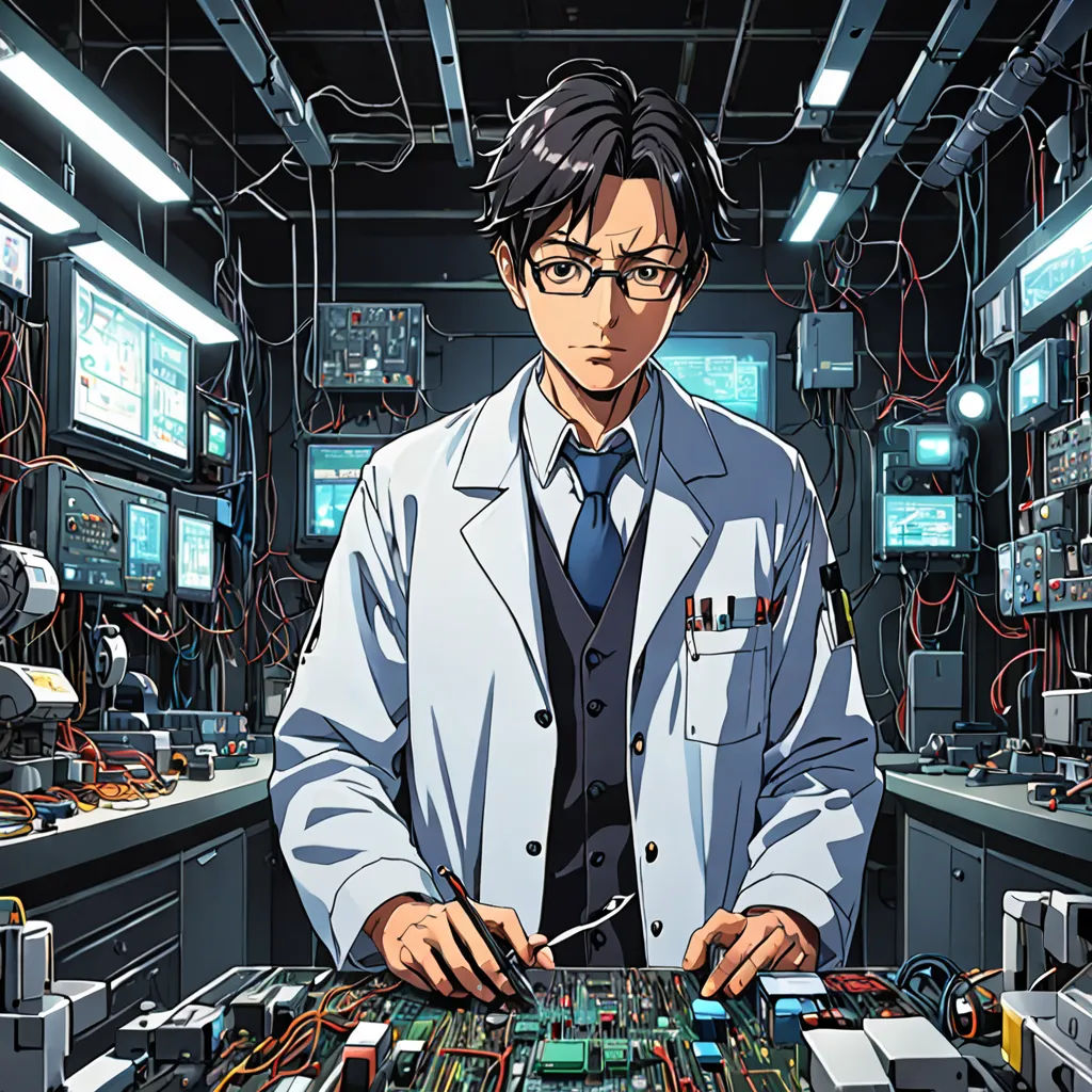 a man in a lab coat is working on a computer board in a room with many wires and monitors, computer graphics, official art, analytical art, Ai-Mitsu