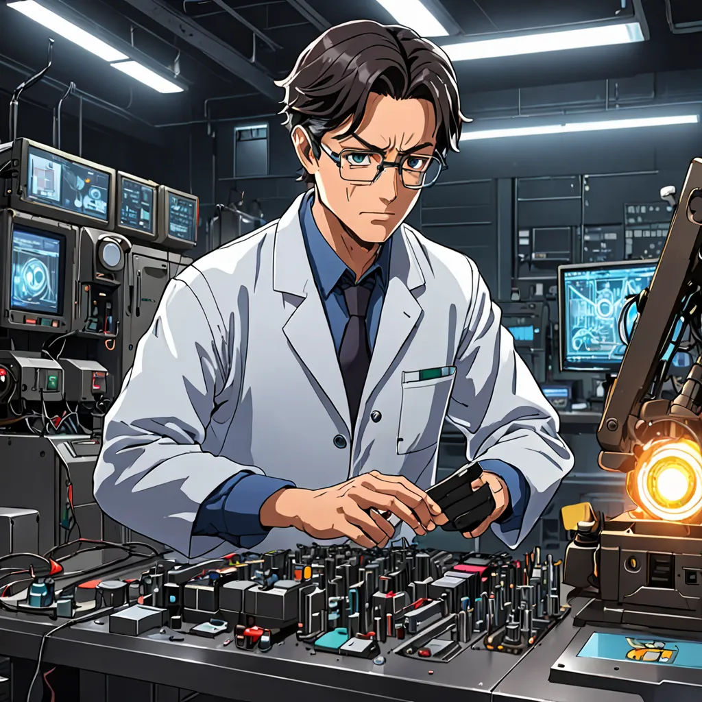 a man in a lab coat working on a machine with a light on it's side and a lot of monitors behind him, computer graphics, official art, rayonism, Eizan Kikukawa