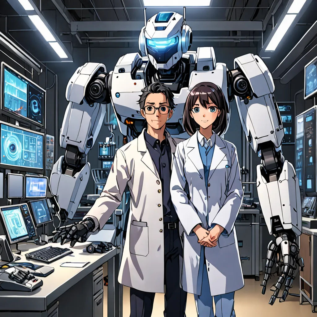 a man and a woman standing in front of a robot in a lab with computers on the desks, an album cover, official art, rayonism, Ai-Mitsu