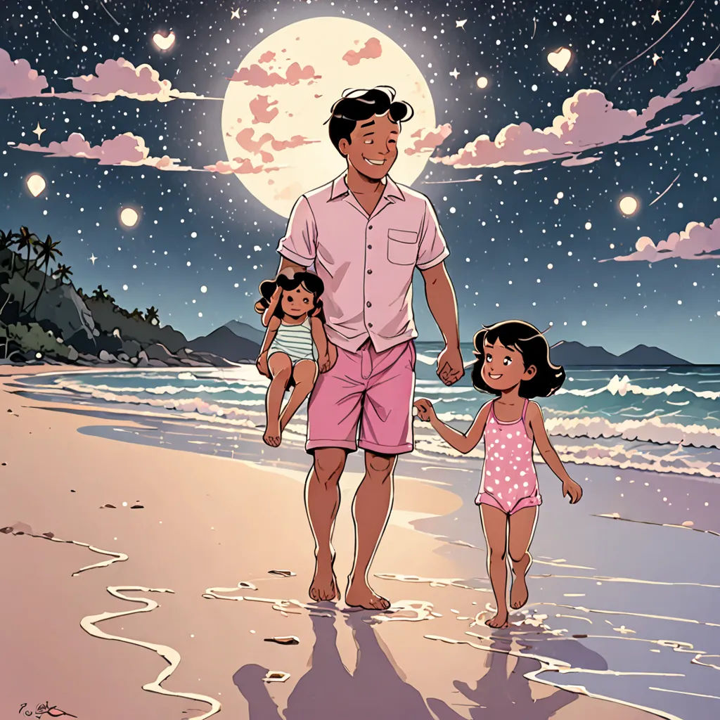 a man and two children walking on a beach under a full moon sky with stars and clouds above them, private press, a comic book panel, Asaf Hanuka, comic cover art