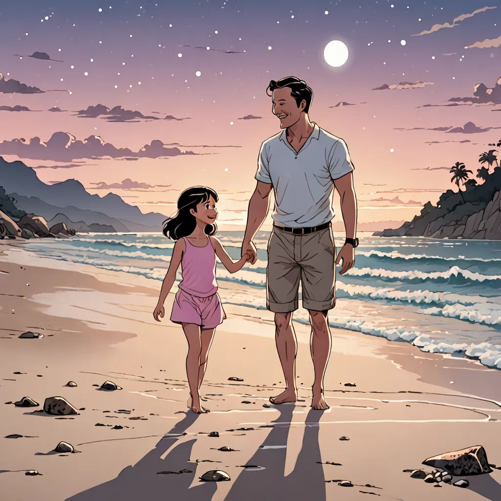 a man and a little girl walking on a beach at night with the moon in the sky above them, magical realism, a storybook illustration, Asaf Hanuka, graphic novel