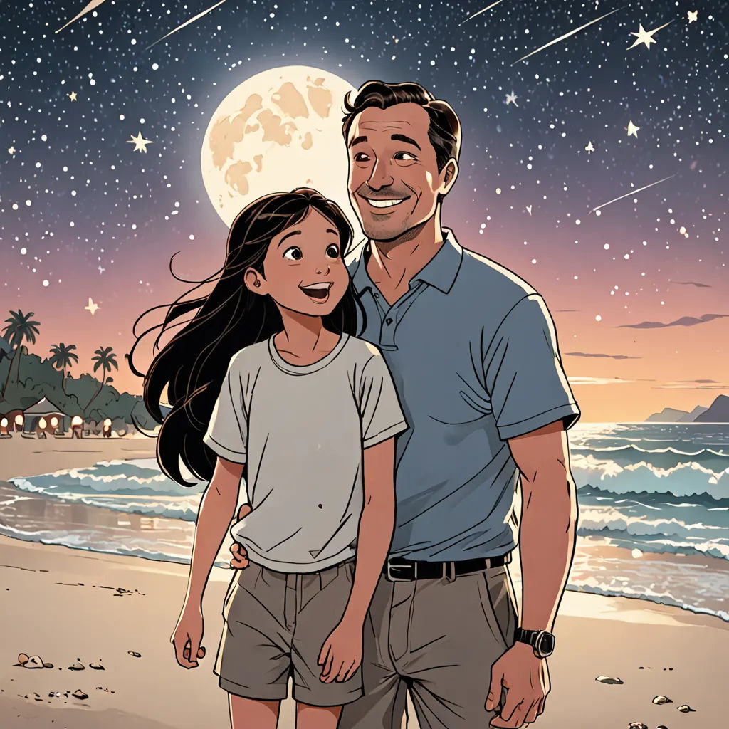 a man and a little girl standing on a beach under a full moon and stars sky with the ocean in the background, space art, a comic book panel, Asaf Hanuka, comic cover art