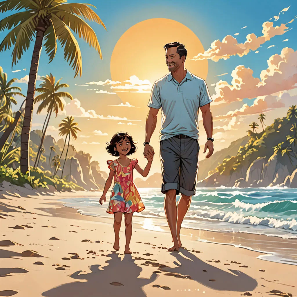 a man and a little girl walking on a beach holding hands and walking towards the ocean with palm trees, american scene painting, a storybook illustration, Colin Middleton, promotional image