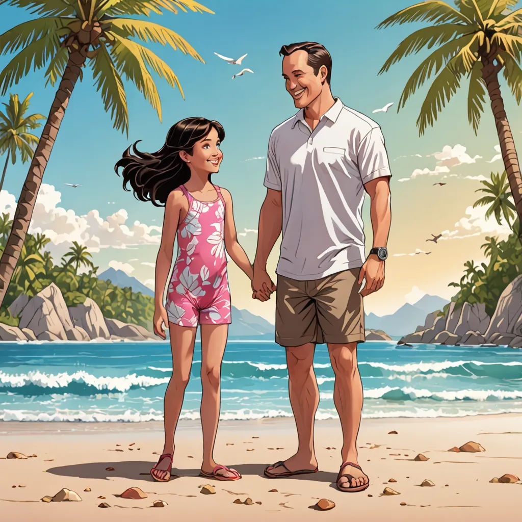 a man and a little girl standing on a beach holding hands and smiling at each other with palm trees in the background, lyco art, a storybook illustration, Colin Middleton, comic cover art