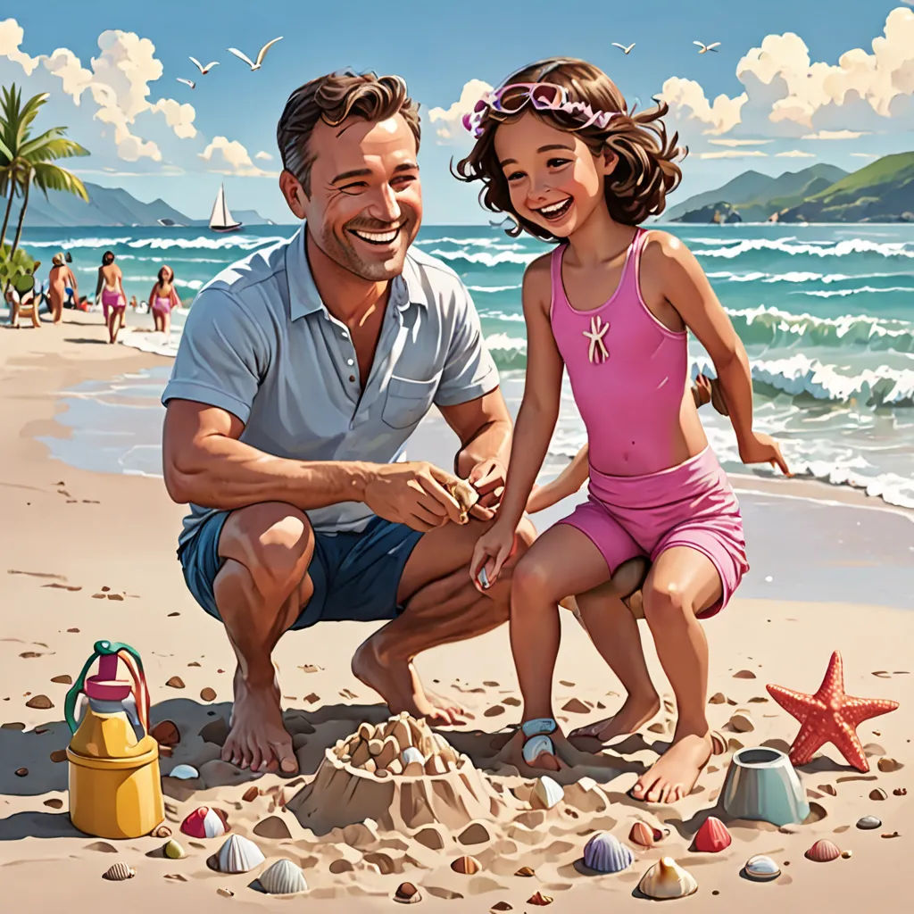 a man and a little girl are playing in the sand on the beach with a sandcastle and toys, american scene painting, a storybook illustration, Bob Byerley, promotional image