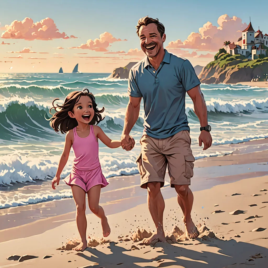 a man and a little girl walking on a beach holding hands and smiling at the camera with a lighthouse in the background, american scene painting, a storybook illustration, F Scott Hess, storybook illustration