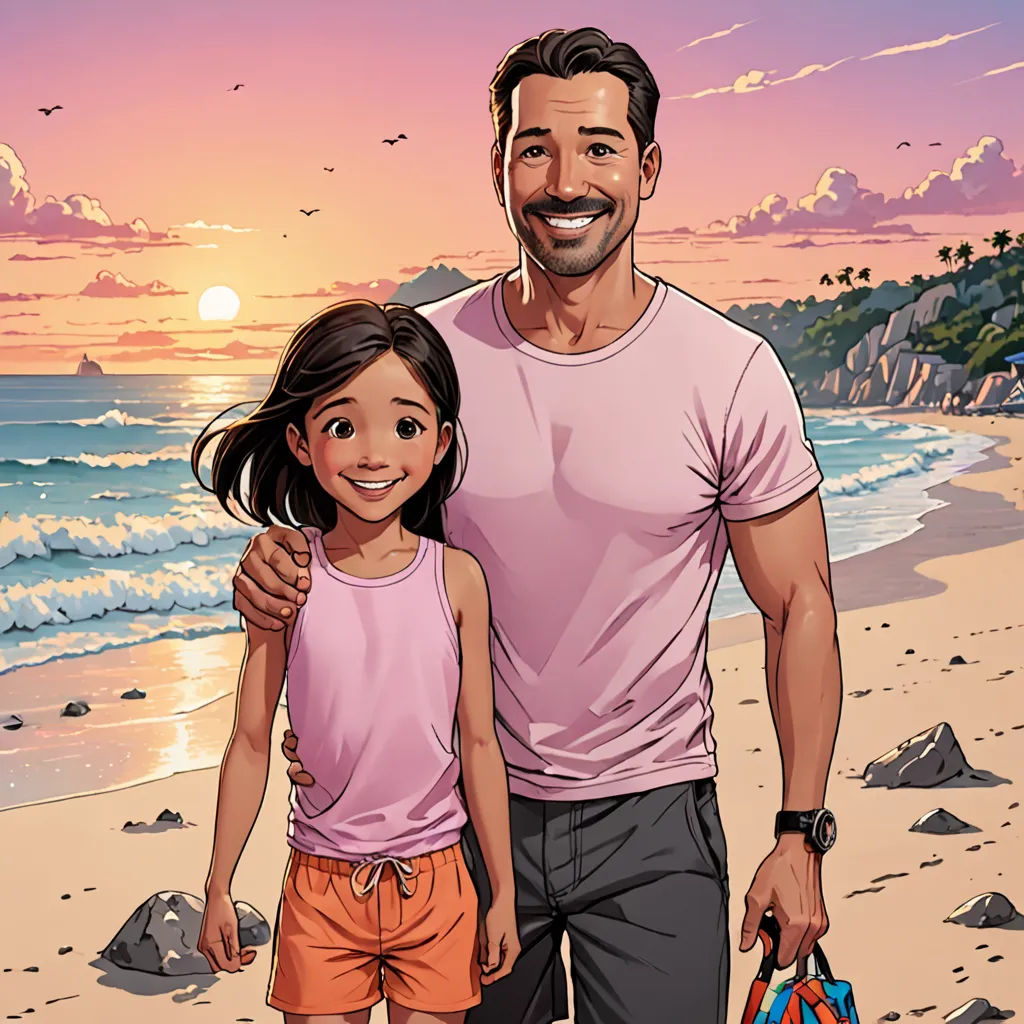 a man and a little girl standing on a beach with a sunset in the background and a pink sky, lyco art, a comic book panel, Cliff Childs, comic cover art