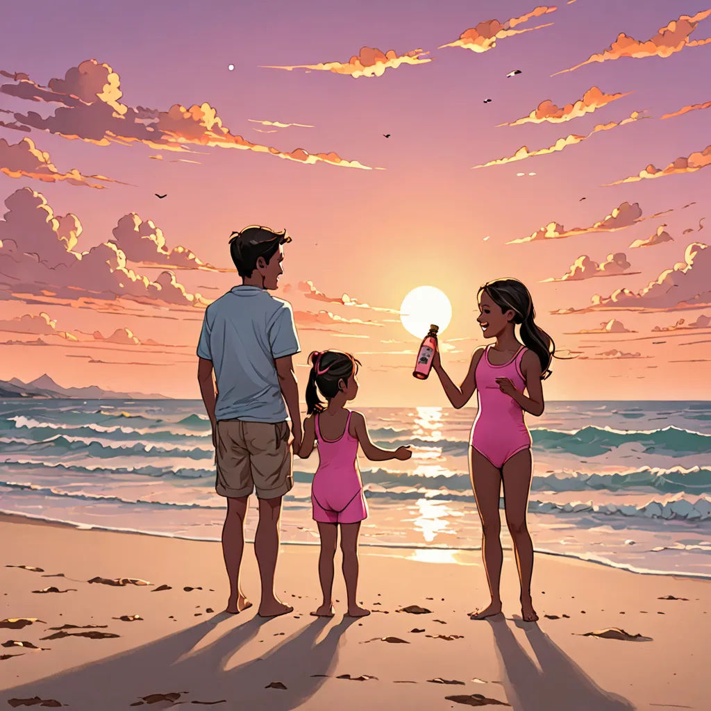 a man and two girls on a beach at sunset with a cell phone in hand and a man holding a bottle of water, american realism, a storybook illustration, F Scott Hess, kinkade
