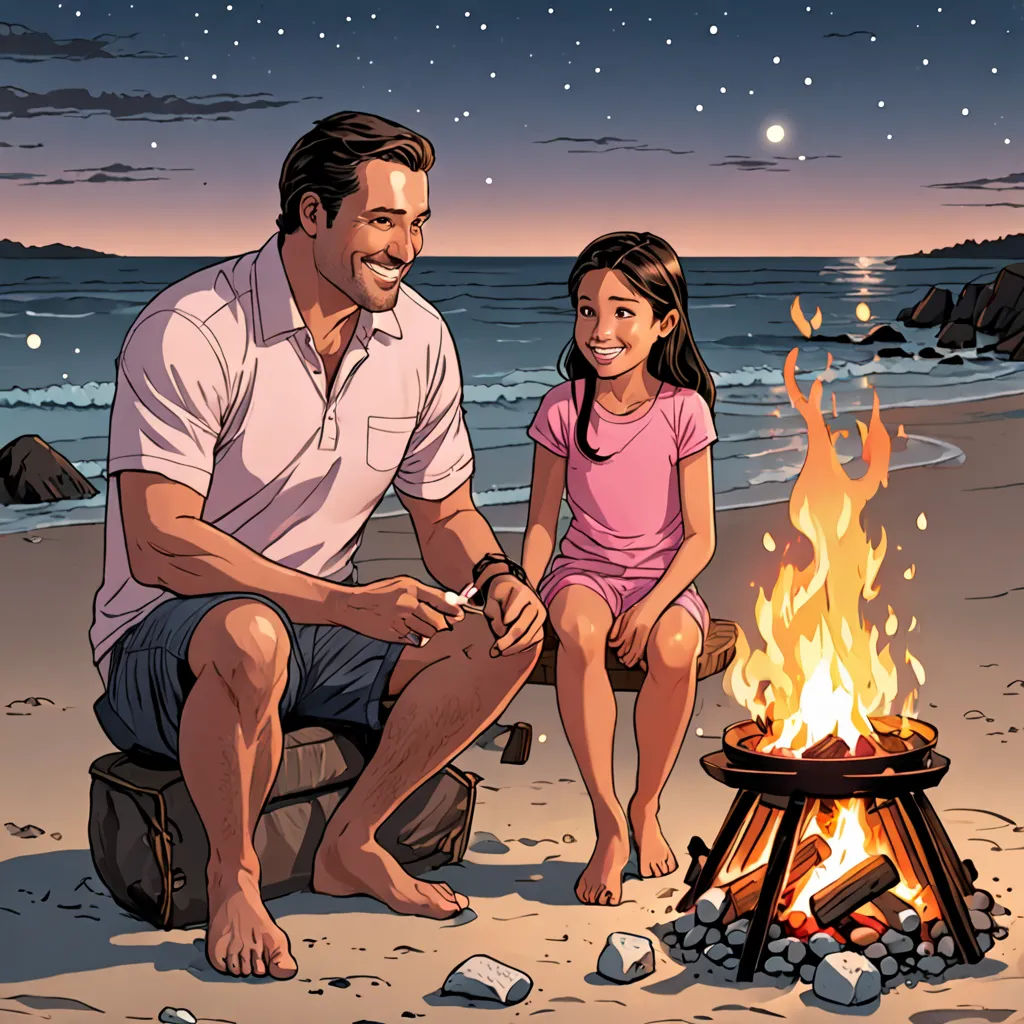 a man and a little girl sitting by a campfire on the beach at night time with the stars above, lyco art, a storybook illustration, F Scott Hess, comic cover art
