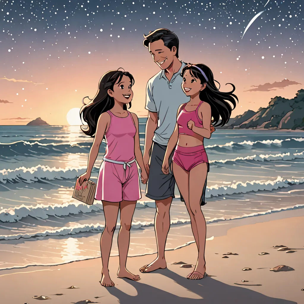 a man and two girls standing on a beach at night with the moon in the sky above them and a star in the sky, lyco art, a storybook illustration, disney, official art