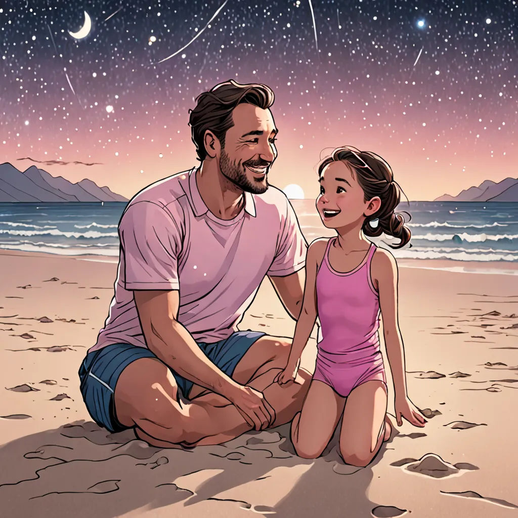 a man and a little girl sitting on a beach under a night sky with stars and a shooting star, space art, a storybook illustration, Asaf Hanuka, comic cover art