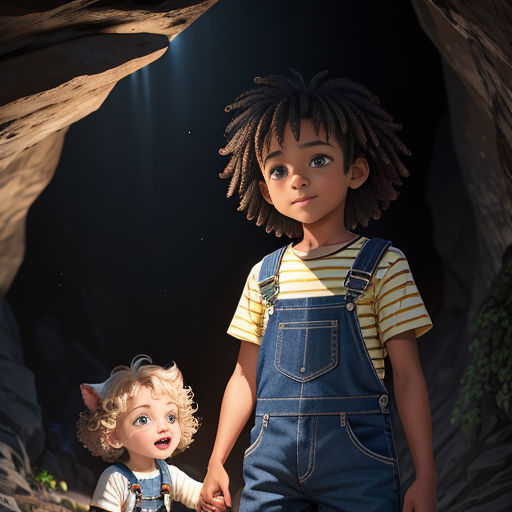 a couple of kids standing next to each other holding hands in a cave with a light shining on them