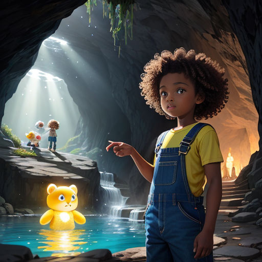 a young girl points at a teddy bear in a cave with a waterfall and waterfall scene in the background