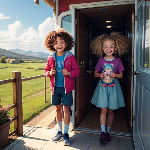 two children standing in the doorway of a house with their hands in their pockets and smiling at the camera
