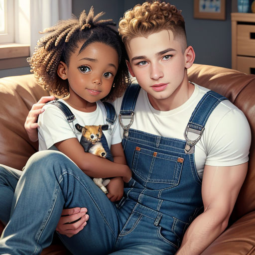 a young man and a young girl sitting on a couch together, both wearing overalls and a white t - shirt