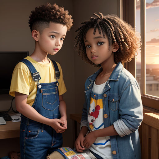 two children standing next to each other in front of a window with a view of the city outside of the window