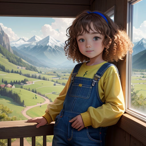 a little girl standing on a balcony looking out the window at a valley and mountains behind her, with a blue denim overalls and yellow shirt