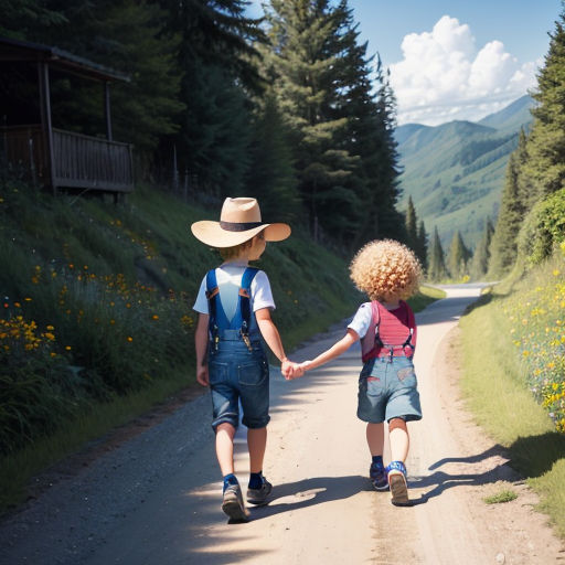two children walking down a dirt road holding hands and wearing hats and overalls and holding hands with each other