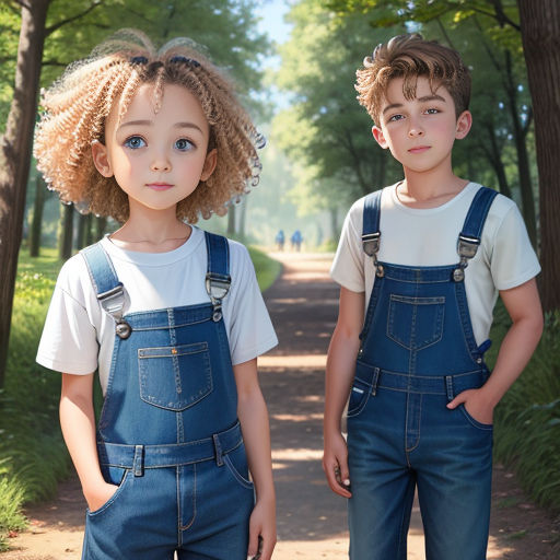 two children standing in the middle of a road with trees in the background and one child with curly hair wearing overalls
